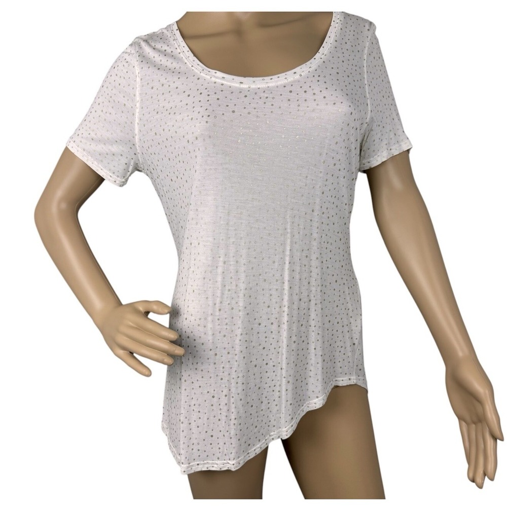 Juicy Couture  Sz M Metallic Gold Polka Dot  T-Shirt White Asymmetrical Hem‎